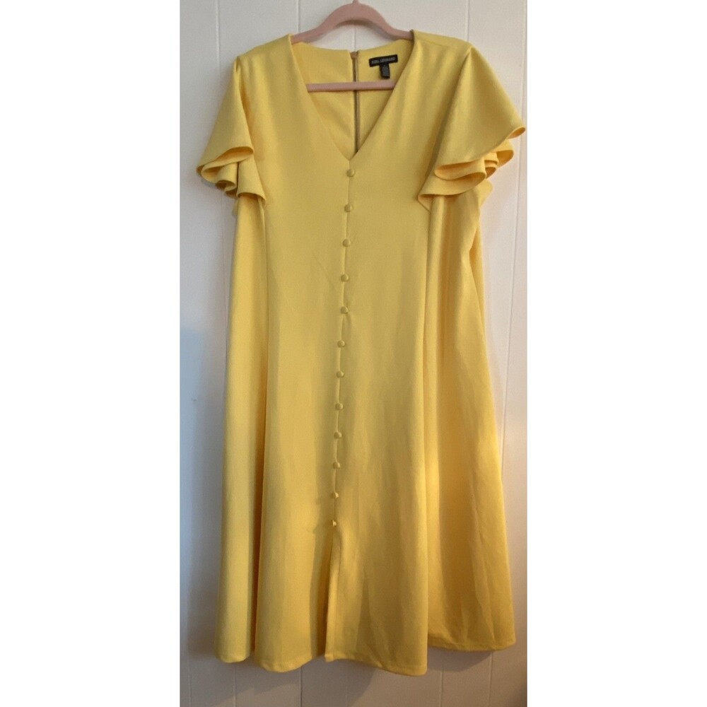 Nina Leonard Dress Women’s 1X Yellow Button Accent Zip Back Midi Party